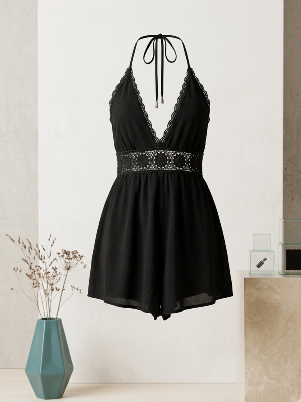 Forever 21 Black Lace-Trim Halter Romper